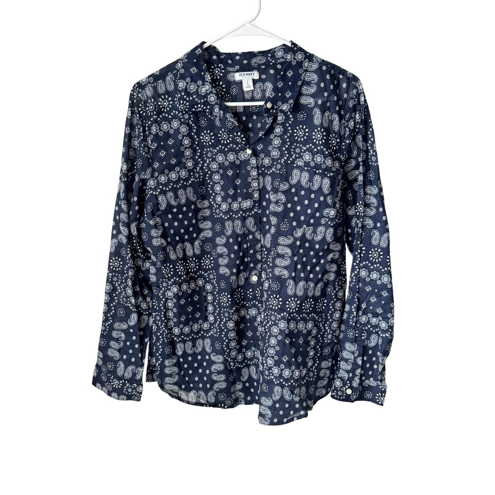 Old Navy Womens Large Navy Blue Paisley Bandana Print Cotton Button Down Shirt